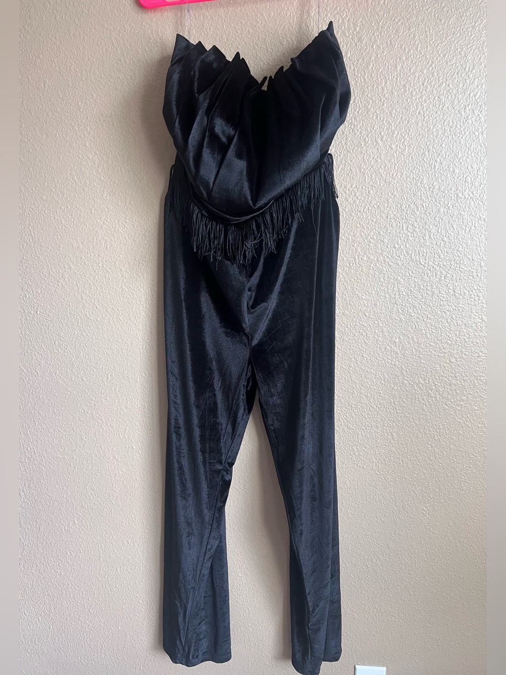 Rowdy Crowd Velvet Pleated Fringe Western Strapless Goth Glam Wide Leg Jumpsuit